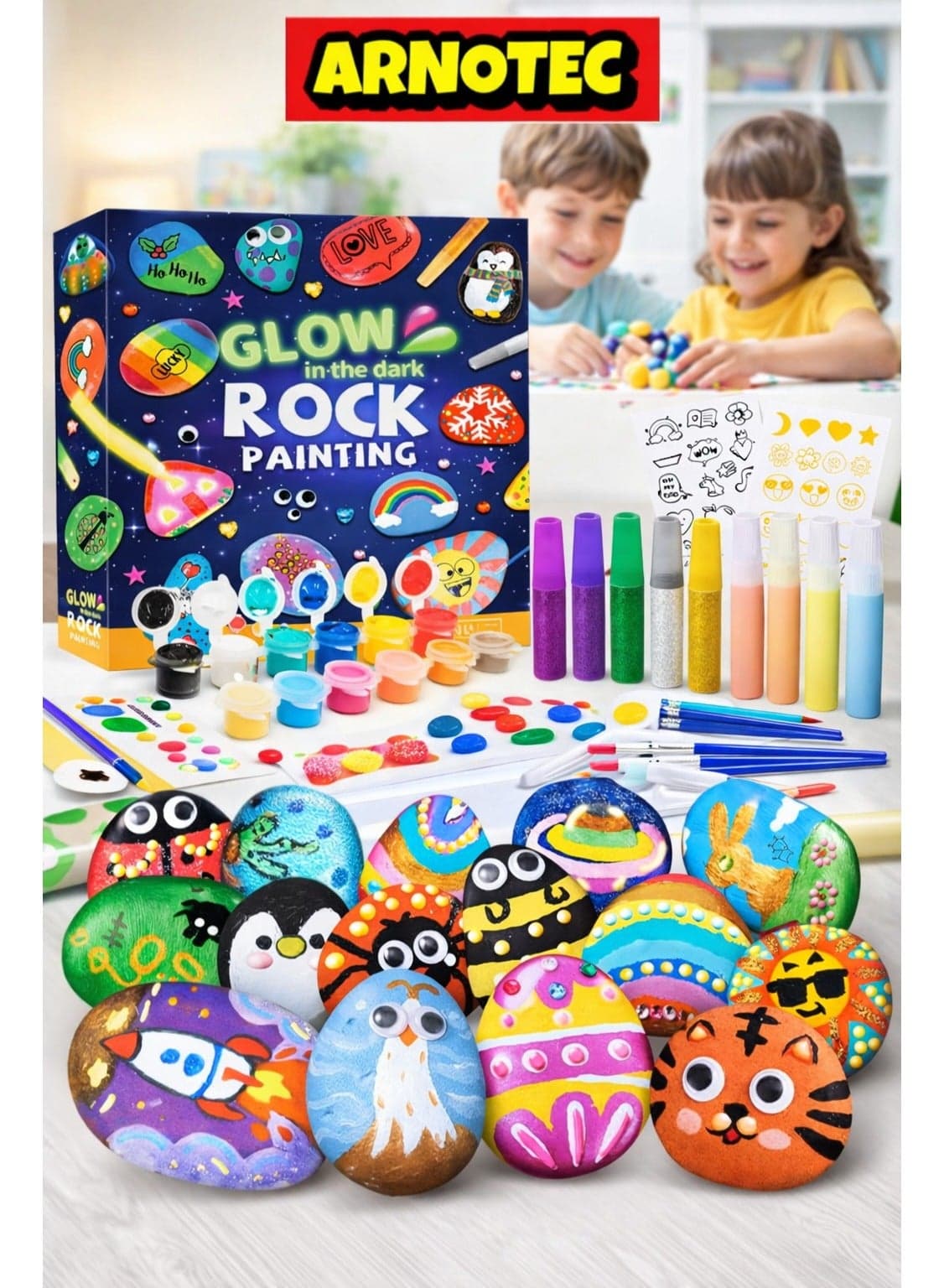Glow in the Dark Rock Painting Kit for Kids – 10 Stones, 17 Paint Colors, Waterproof & Metallic Paints – DIY Arts and Crafts Gift for Boys and Girls Ages 4-12