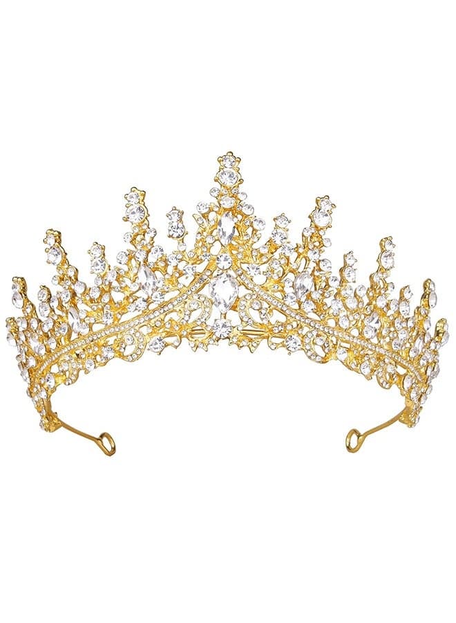 Gold Tiara for Women, Princess Crown - Royal Baroque Medieval Renaissance Crystal Headband for Queen Bridal Flower Girl Wedding Birthday Costumes Party