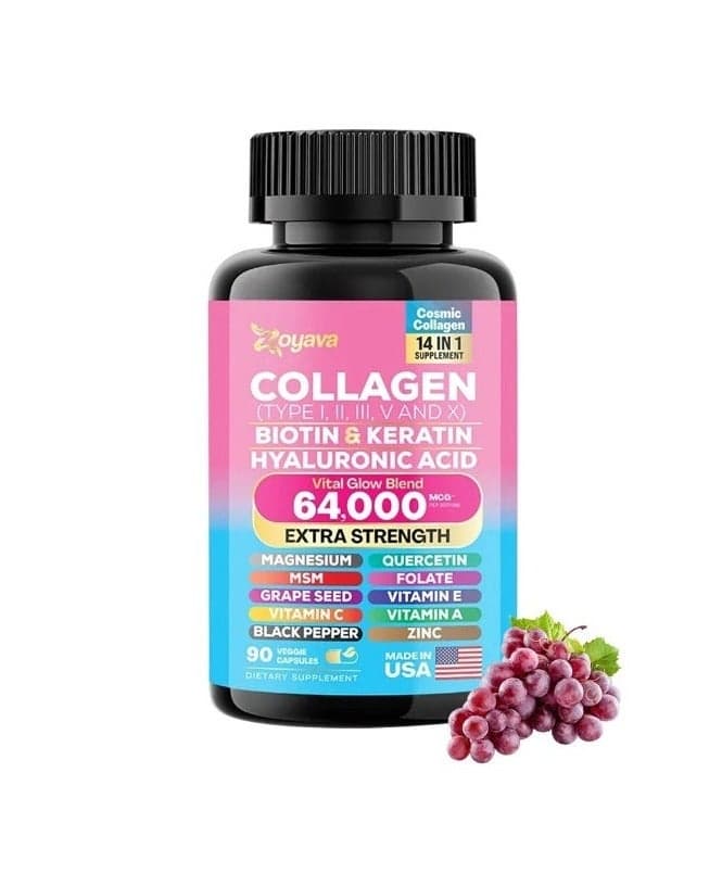 Zoyava Collagen Complex – Type I, II, III, V & X Collagen with Biotin, Keratin, Hyaluronic Acid, MSM & Grape Seed – Supports Hair, Skin, Nails, Joints & Bone Health – 90 Capsules
