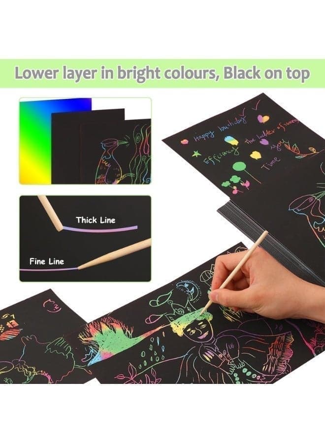 Scratch Pictures Paper, 200 Sheets Scratch Paper Children Colourful Cool Scratch Drawings with 4 Wooden Pens Christmas Gifts DIY Painting and Crafts for Boys and Girls