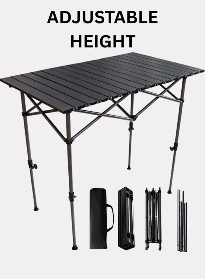 Adjustable Height Folding Camping Table 120cm – Portable Aluminum Roll-Up Picnic Table with Carrying Cover, Lightweight & Durable Outdoor Table for Camping, BBQ, Beach, Hiking & Indoor Use – Black