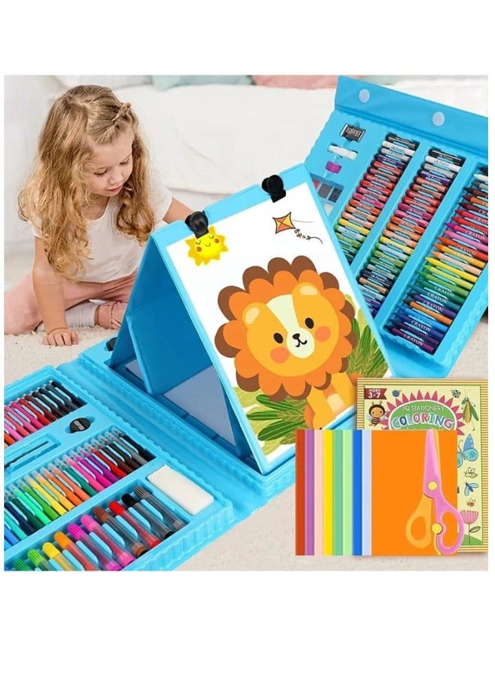 208 Pcs Art Supplies , Drawing Art Kit for Kids Girls Boys Teens Artist , Art Set Case with Trifold Easel, Includes Oil Pastels, Crayons, Colored Pencils, Coloring Book , blue