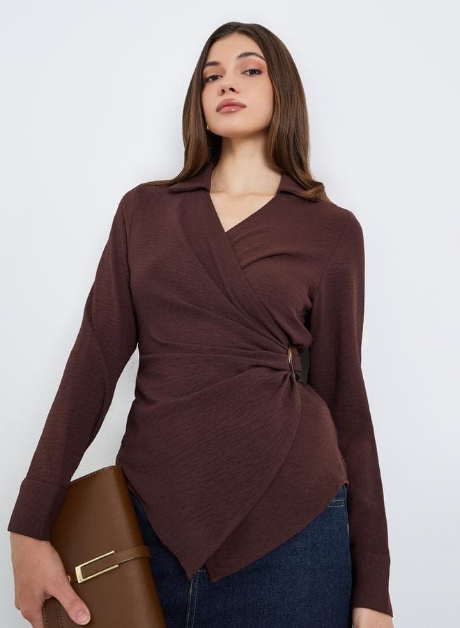 Women Burgundy Wrap Top with Long Sleeves