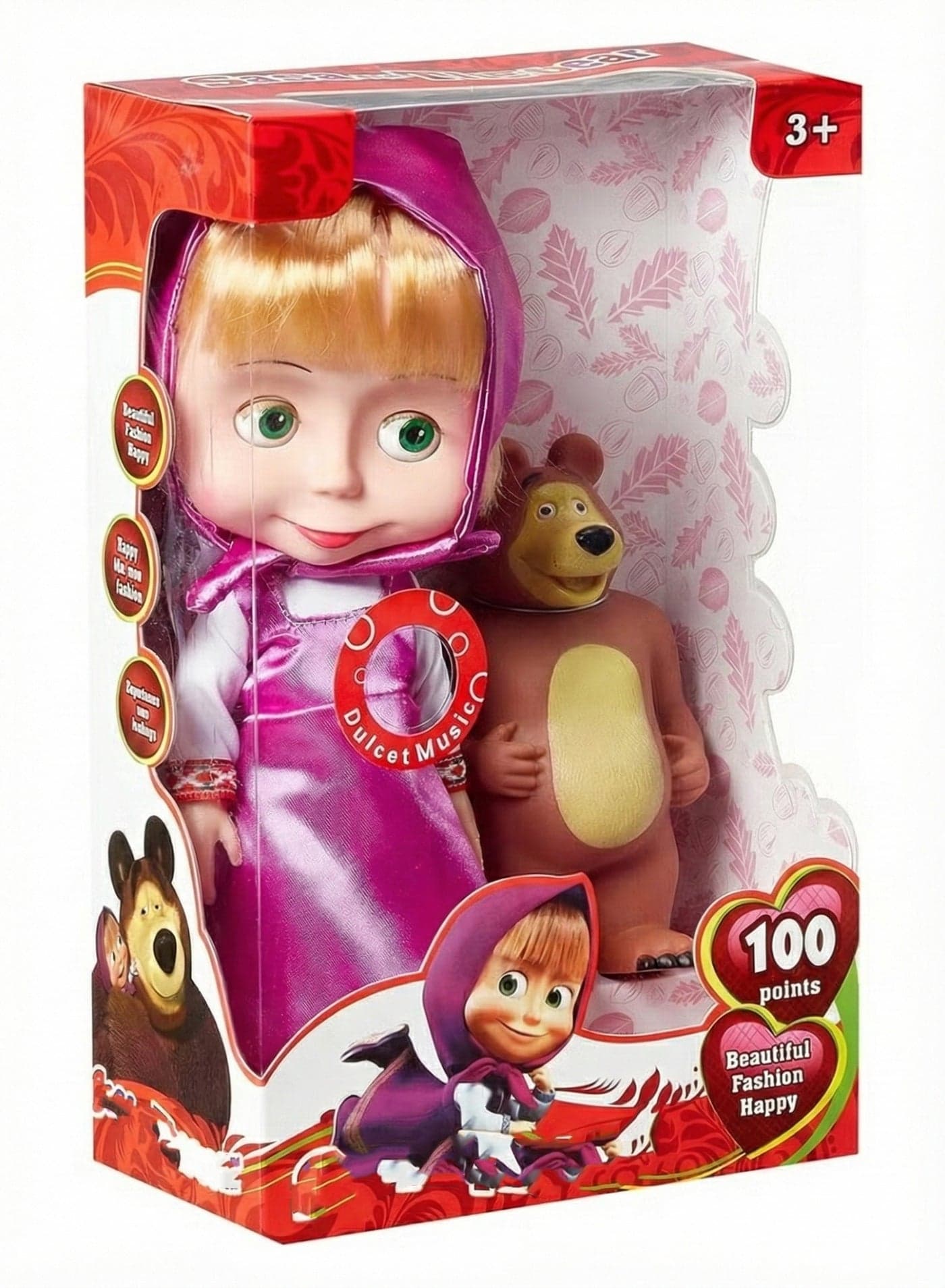 Musical Toy Sasa and Bear Set for Girls – Singing Doll with Pink Headscarf & Cozy Outfit | Cute Masha Style Cartoon Character with Brown Bear Figure | Interactive Storytelling Playset | Birthday Gift for Toddlers 3+