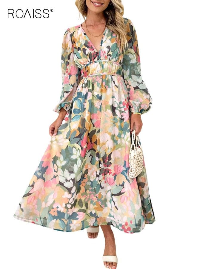 Women's V-neck dress, Bohemian- Style Spring/Fall Print High-Waisted Casual Long-Sleeve Midi Dress, Bell-Sleeve Loose-Fit Dress, Wedding Guest Attire