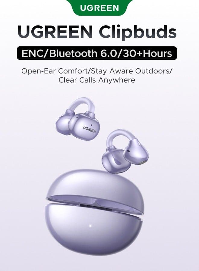 ClipBuds, Open-ear Wireless Headphones with 4 Mic Clear Call 12mm Diaphragm Earbuds Clip on Earphone purple