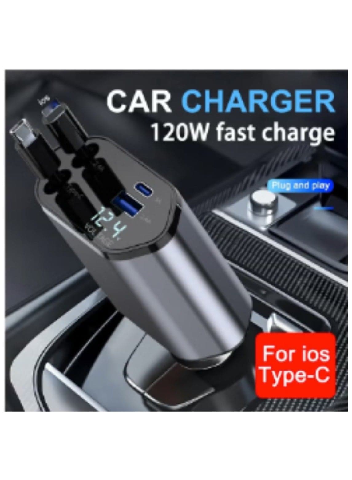 Car Charger - Fast Charging 4-in-1 Adapter with Collapsible Lightning & Type C Cables, Dual USB Ports & Voltage Display - Compatible with iPhone, iPad, Galaxy - Ultra Power Output