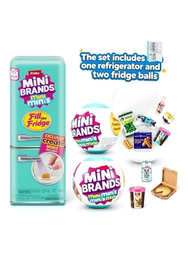 Mini Brands Mini Minis Fill The Fridge Playset - Complete Toy Refrigerator with 2 Surprise Balls, DIY UV-Create Mini Food, Realistic LED Light, Collectible Kitchen Toy
