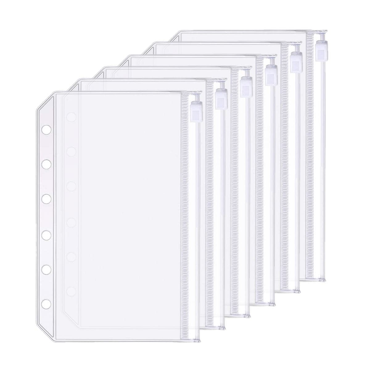 6 Pack A7 6 Holes Binder Zip Pockets Plastic Binder Zipper Folders Waterproof 6 Holes Zipper Loose Leaf Bags Zip Lock Envelope for Documents Notebooks Cards (Zip Pocket, A7)