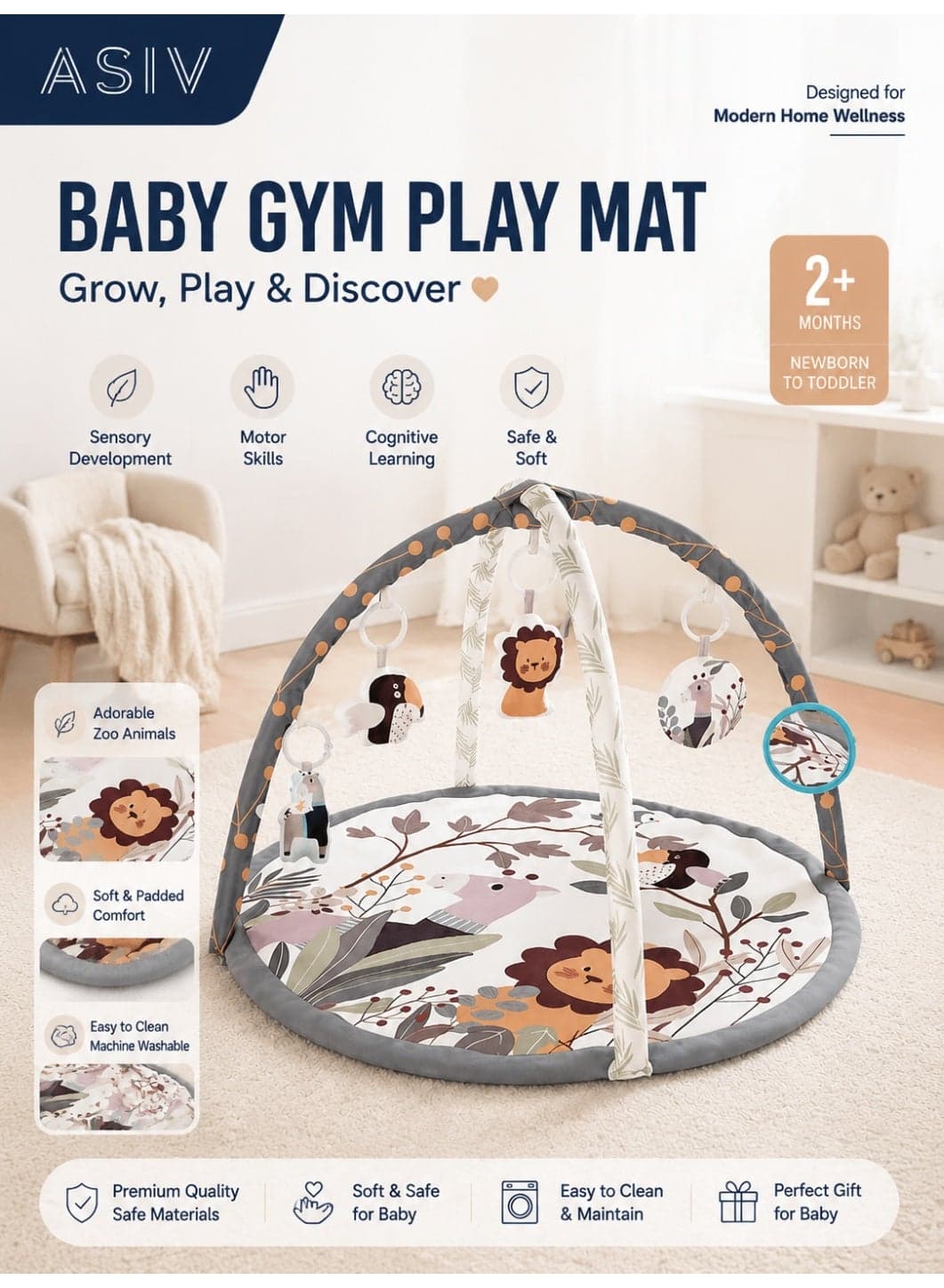 Baby Gym Play Mat with Lights & Music | Soft Activity Gym for Sensory & Motor Development | Newborn to Toddler Playmat with Hanging Toys | Zoo Animal Design | For 2+ Months