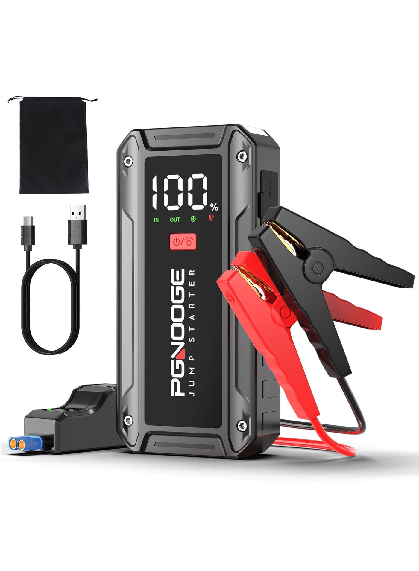 26800mAh 6000A Car Jump Starter (Up to ALL Gas/10 L Diesel), 12 V Car Battery Jump Starter with Force Start Button and USB Output, Large LCD Display, 600 Lumens Light-black