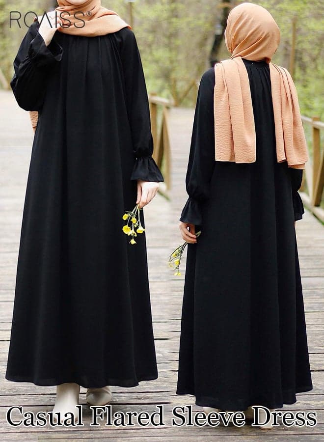 Abaya Style Solid Color Casual Loose Flared Dress Women'S Fashion Versatile Commuting Daily Long-Sleeve Long Skirt for Ladies Elegant Temperament Casual Outfit Black