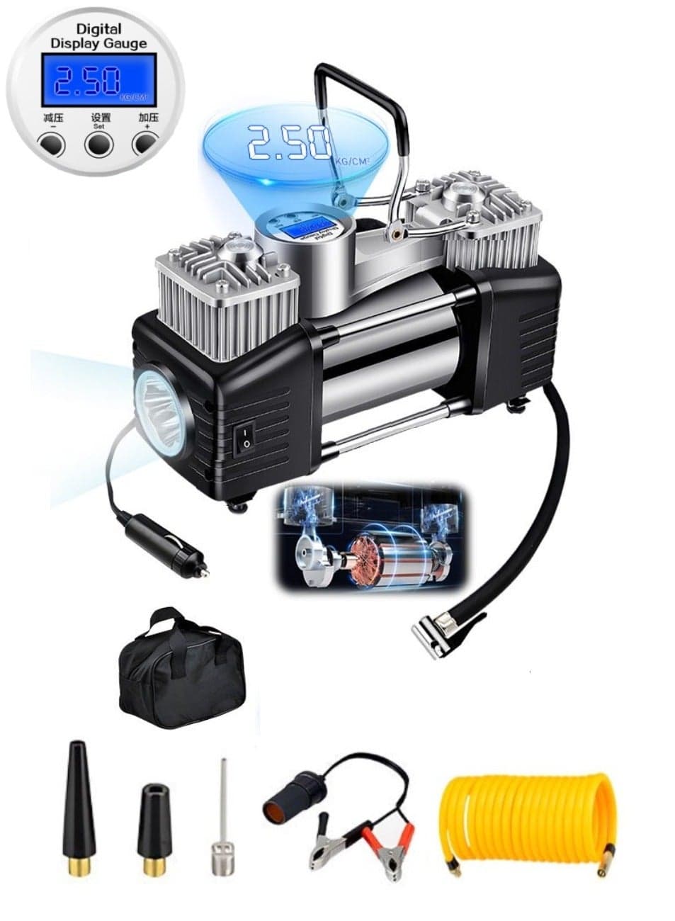 Car Tire Inflator Portable Digital Air Compressor,150 PSI Air Pump with Heavy Duty Double 30mm Cylinder/Auto Stop/LED Light/Metal Handle,Pressure Gauge Cycle Tyre Inflator - Professional for SUV, Off-Road, Trucks