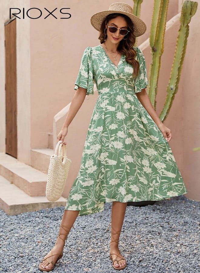 Women's Floral V Neck A-Line Dresses, Short Sleeve High Waisted Dress for Ladies, Elastic Waist Knee Length Dress, Flowy Casual Summer Beach Swing Dress, Elegant Loose Fit Boho Floral Dress for Party/ Shopping/ Office/ Vacation
