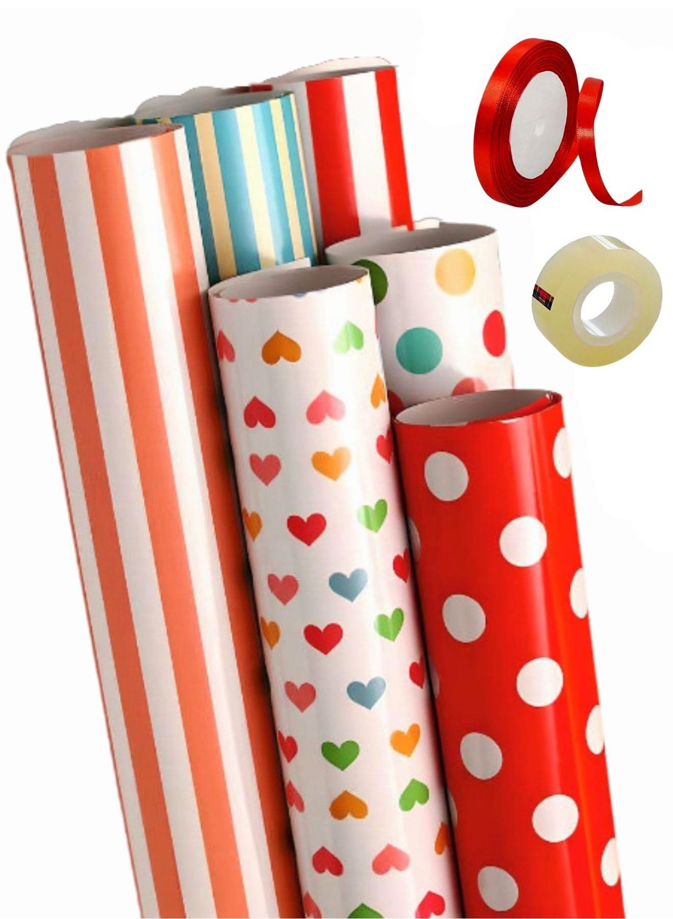 6 Pattern 6 Piece 50x70 cm Gift Wrap Paper Assortment with 1 Red Color 10 Meter Ribbon and 1 Transparent Tape - Create Beautifully Wrapped Gifts for Every