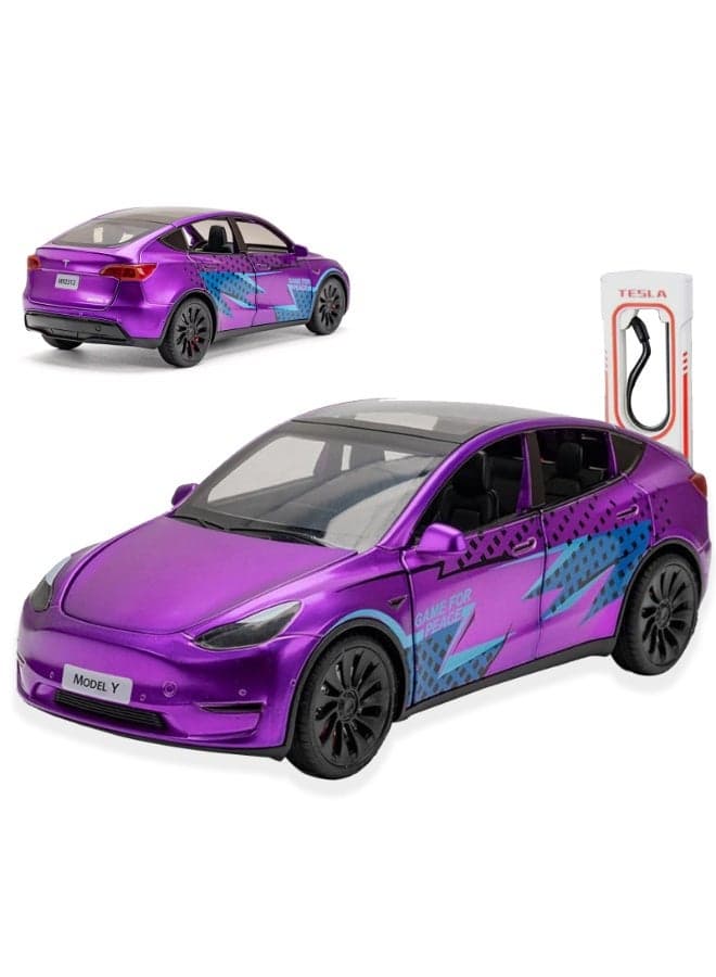 1:24 Scale Diecast Car Tesla Model 3, Roadster, Alloy Pull Back Toy Vehicle with Lights and Sound, Opening Doors, Charging Pile for Model Y – Collectible Model and Gift for Kids and Adults, Purple