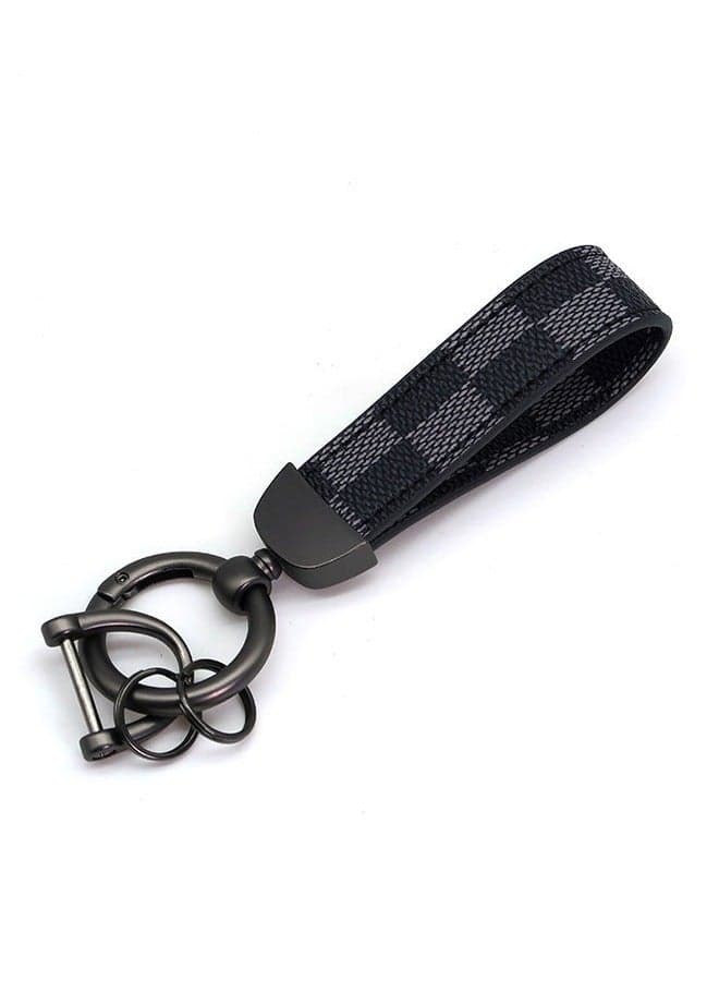 Car PU Leather Metal Keychain - Plaid Leather Zinc Alloy Ring 360° Rotating - Car Universal Wrist Band - Key School Bag Car Decoration Pendant - Black/Send a Screwdriver