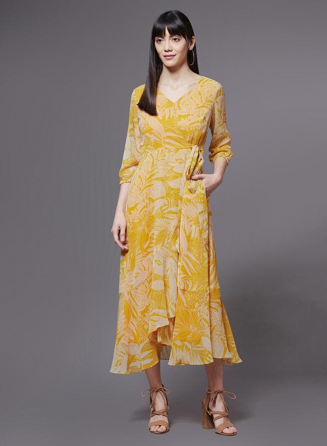 Miss Chase Leaf Print Asymmetric Hem A-Line Midi Dress