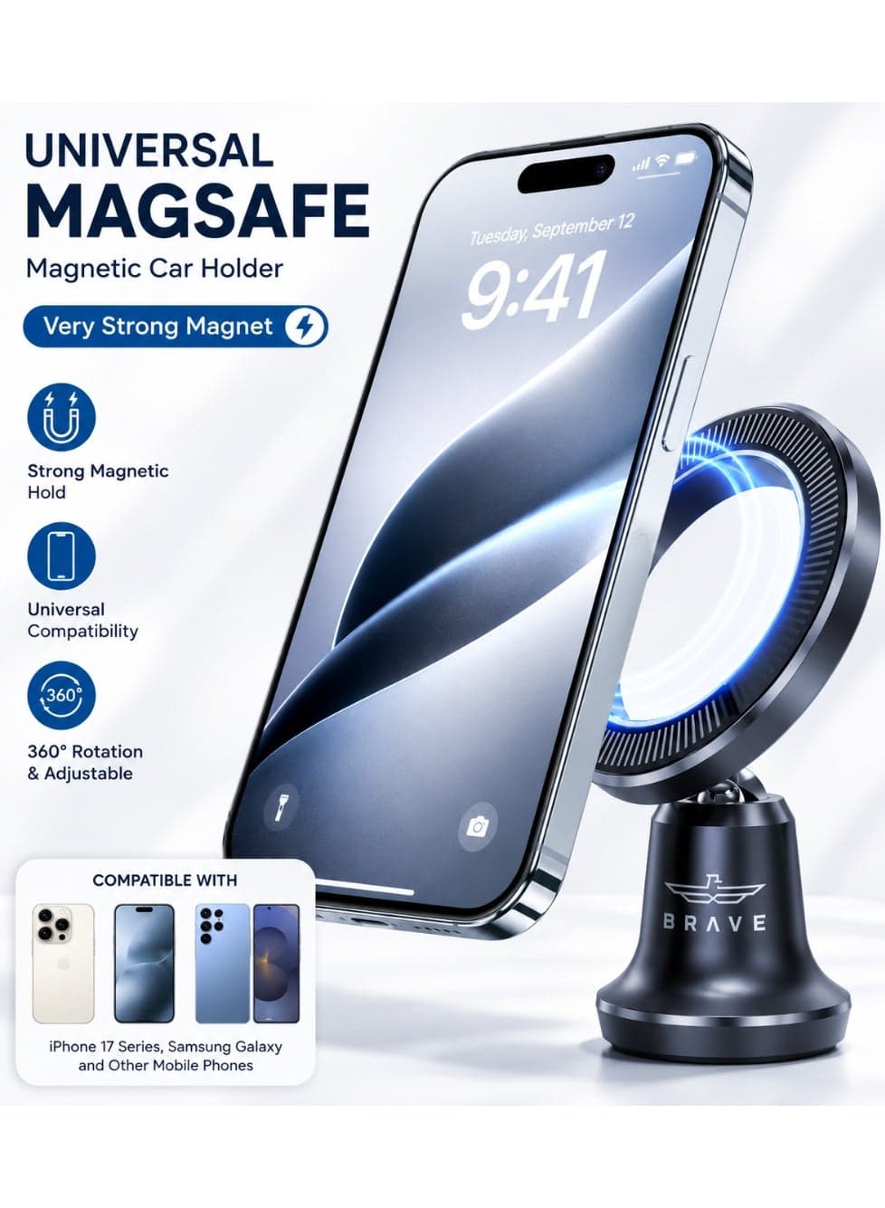 MagSafe Magnetic Car Phone Holder – N52 Strong Magnetic Car Mount for Dashboard & Windshield, 360° Rotation Adjustable Phone Holder with Powerful Secure Grip, Hands-Free Driving Mount Compatible with iPhone Air / iPhone 17 / 16 / 15 / 14 / 13 Series, Samsung Galaxy S25 / S24 / S23 Series, Xiaomi, Huawei, Google Pixel, OnePlus, Oppo, Vivo & All Smartphones – Magnetic Car Mount for Cars (Black)