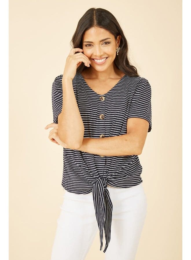 Navy Striped Jersey Button Detail Top