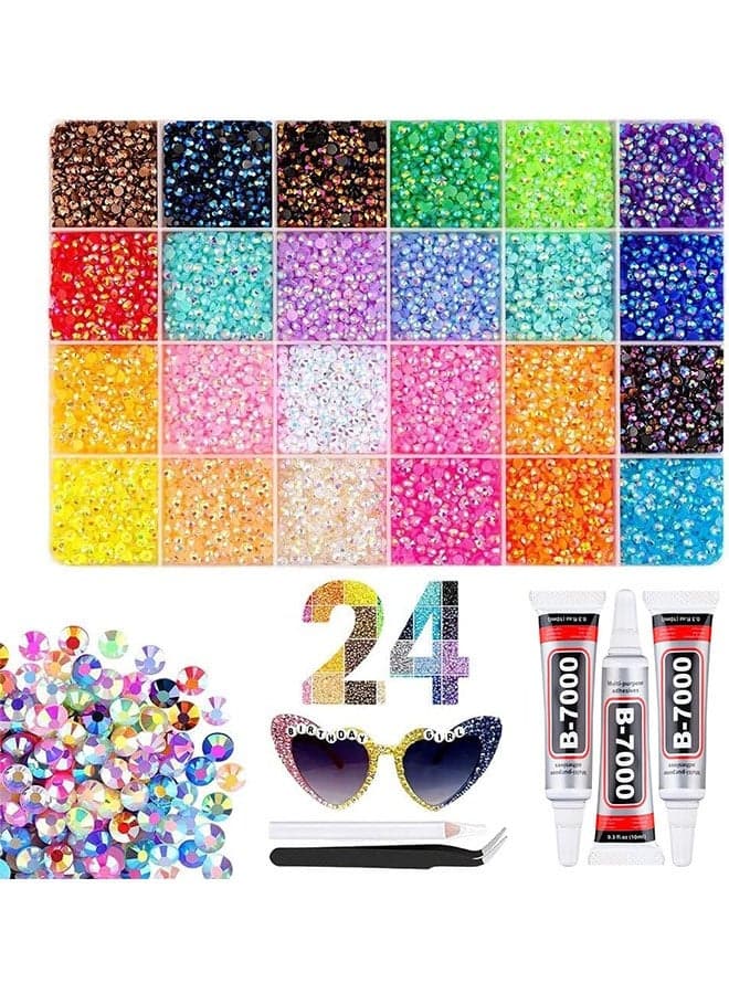 Resin Jelly Rhinestones Kit for Bedazzling - 32,000pcs 3mm DIY Bulk Resin Gems Set with 3 Glues, Pickup Pen & Tweezers for Crafting, Nail Art, Tumblers, Shoes and Clothing Embellishments (24)