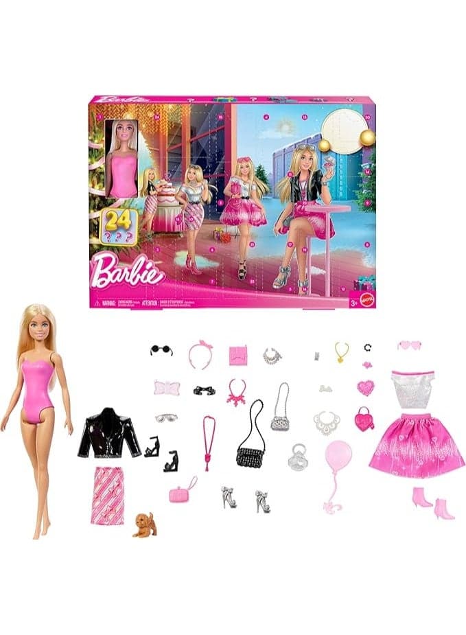 Doll Holiday Advent Calendar with 24 Clothing and Accessory Surprises Including Jacket, Skirt, Shoes, Purses, and a Pet Puppy, Blonde Doll