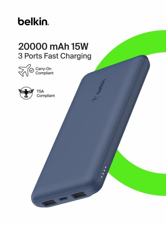 USB C Portable Charger 20000mAh, 20K Power Bank with USB Type C Input Output Port and 2 USB A Ports with Included USB C to A Cable for iPhone, Galaxy, Pixel, iPad, AirPods and More – Blue Blue