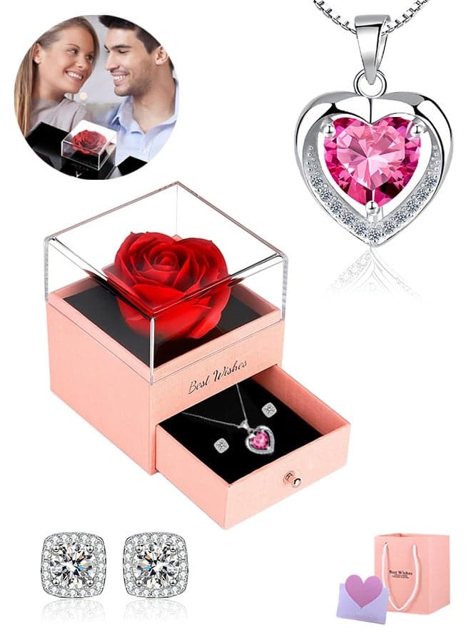 Preserved Flowers Gift Box Set Forever Red Rose with Necklace and Earrings for Mom Daughter Girlfriend Wife on Anniversary Wedding Birthday