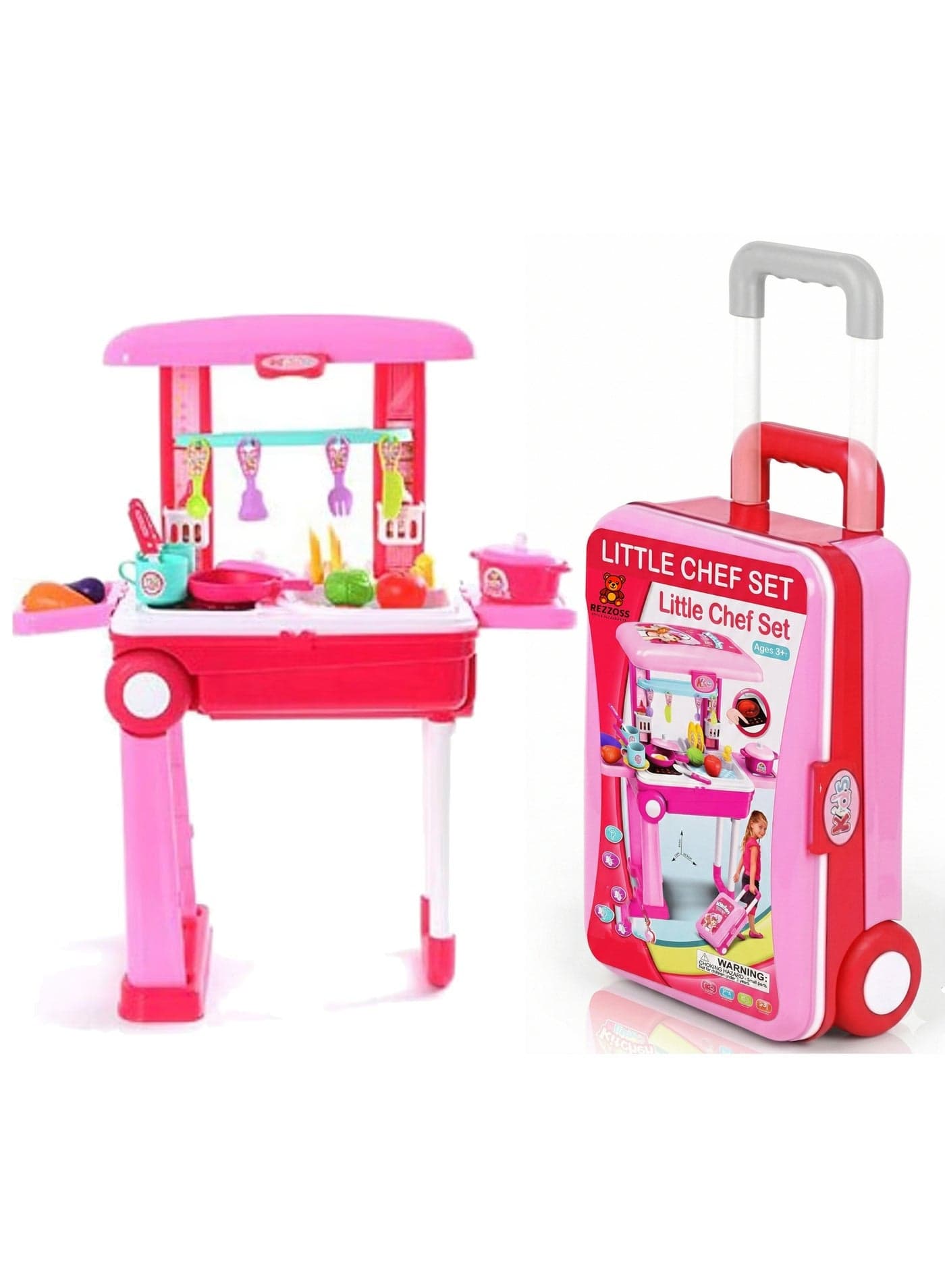 24Pcs Kids Kitchen Playset in Travel Suitcase – 2-in-1 Foldable Pretend Play Cooking Toy with Pots, Pans & Play Food | Rolling Luggage Toddler Chef Counter | Best Educational Birthday, Eid, Ramadan Gift for Girls & Boys Age 3+