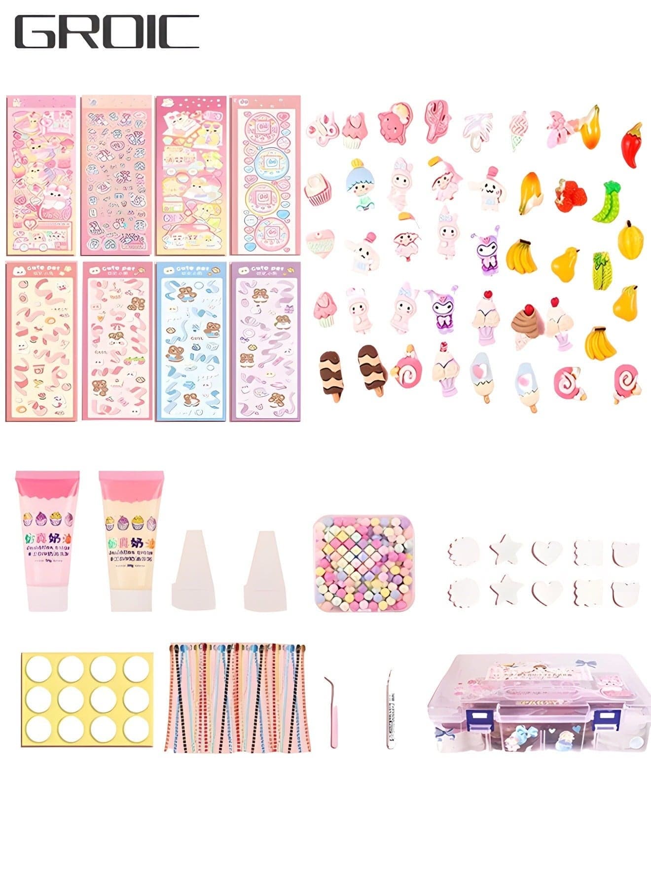 Simulation Whipped Cream Glue, DIY Phone Case Kit Silicone Adhesive Set with Cartoon Stickers,Storage Box,DIY Handmade Toys