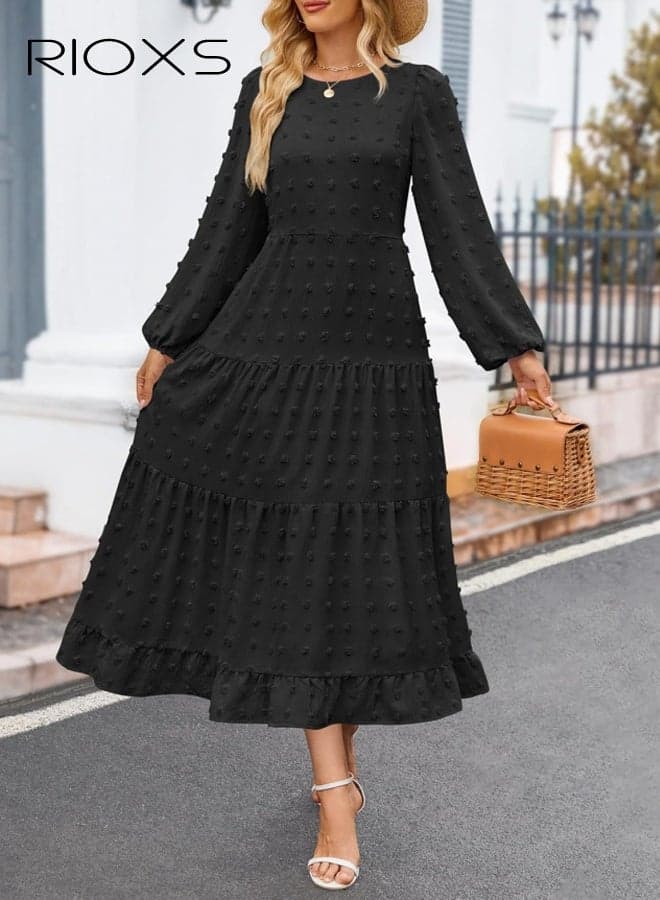 Women's Long Sleeve Round Neck Maxi Dress, Flowy High Waist A-line Swiss Dot Dress for Ladies, Spring Fall Casual Breathable Long Dress, Elegant Party Dresses Suitable for Beach, Vacation, Party, Dating, Shopping, Office and More, Black