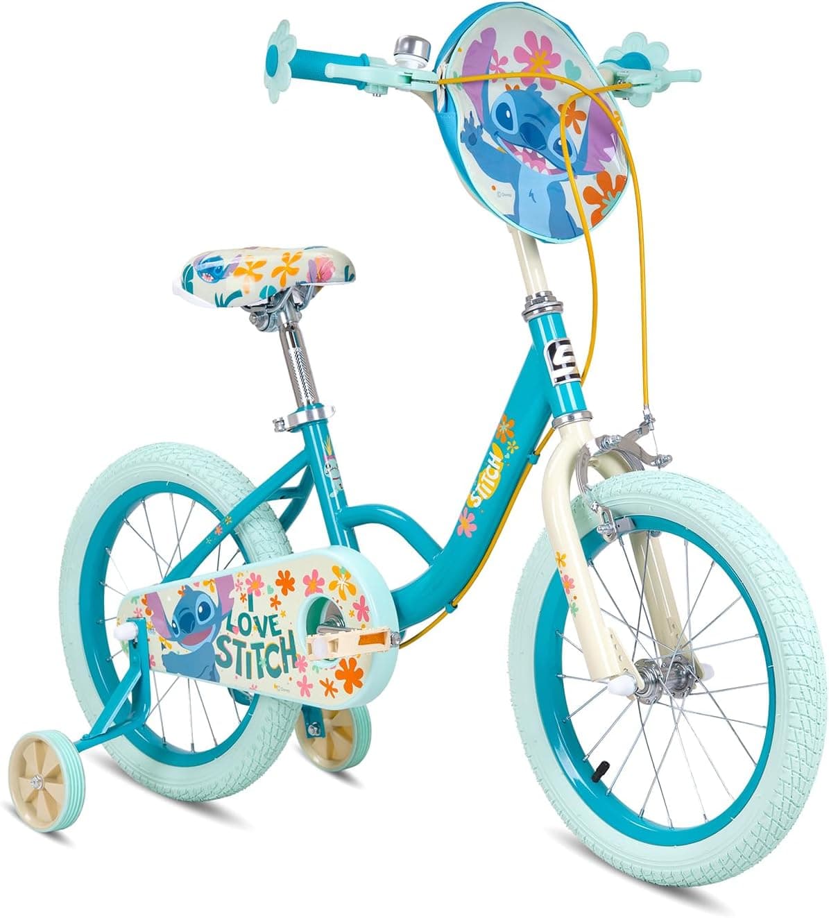 Disney Stitch 16-Inch Kids Bicycle | 16-Inch Wheel Size | Licensed Premium Girls Bike with Training Wheels | Ergonomic Steel Frame | Pinch Free Brake | Levers Quick Release Adjustable Seat | Air Tyres | Blue