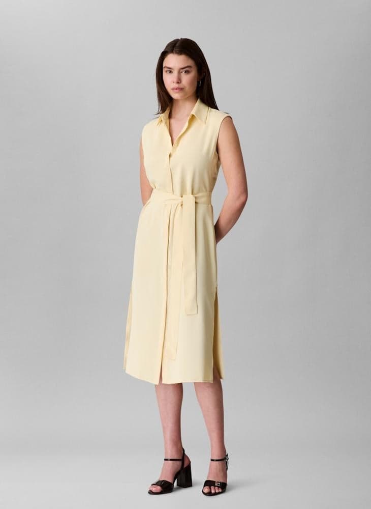 Tie Waist Side Slit Sleeveless Midi Shirt Dress