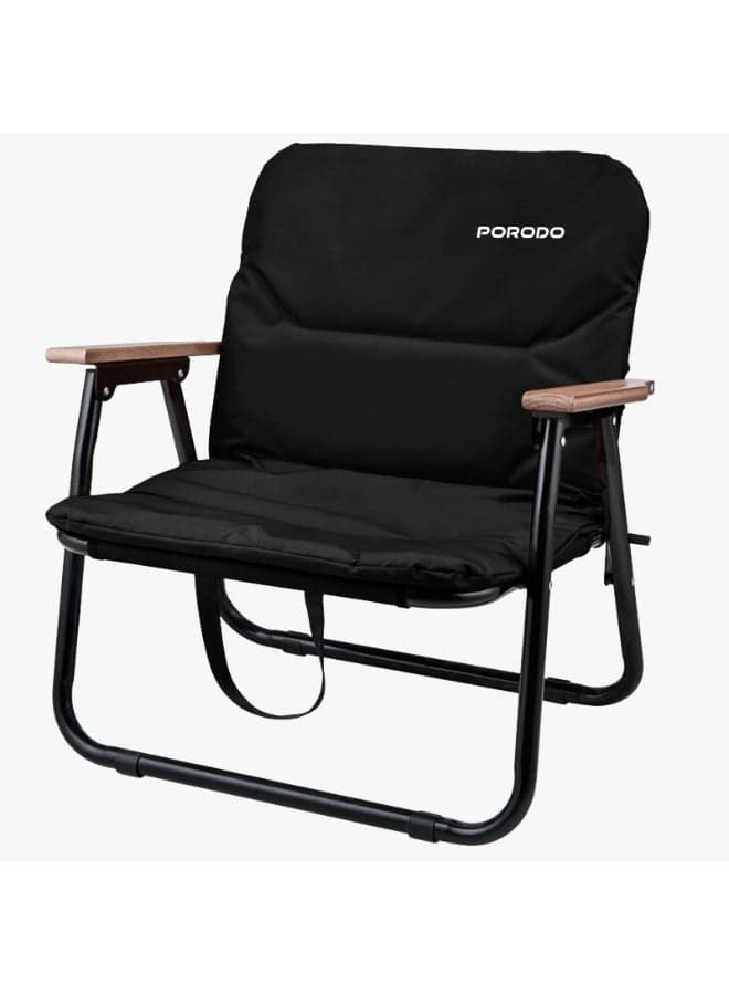 Comfort Portable Folding Camping Chair / Aluminum Frame / Beech Wood Armrests / Cushioned Seat / 150KG Capacity / Compact & Lightweight - Black