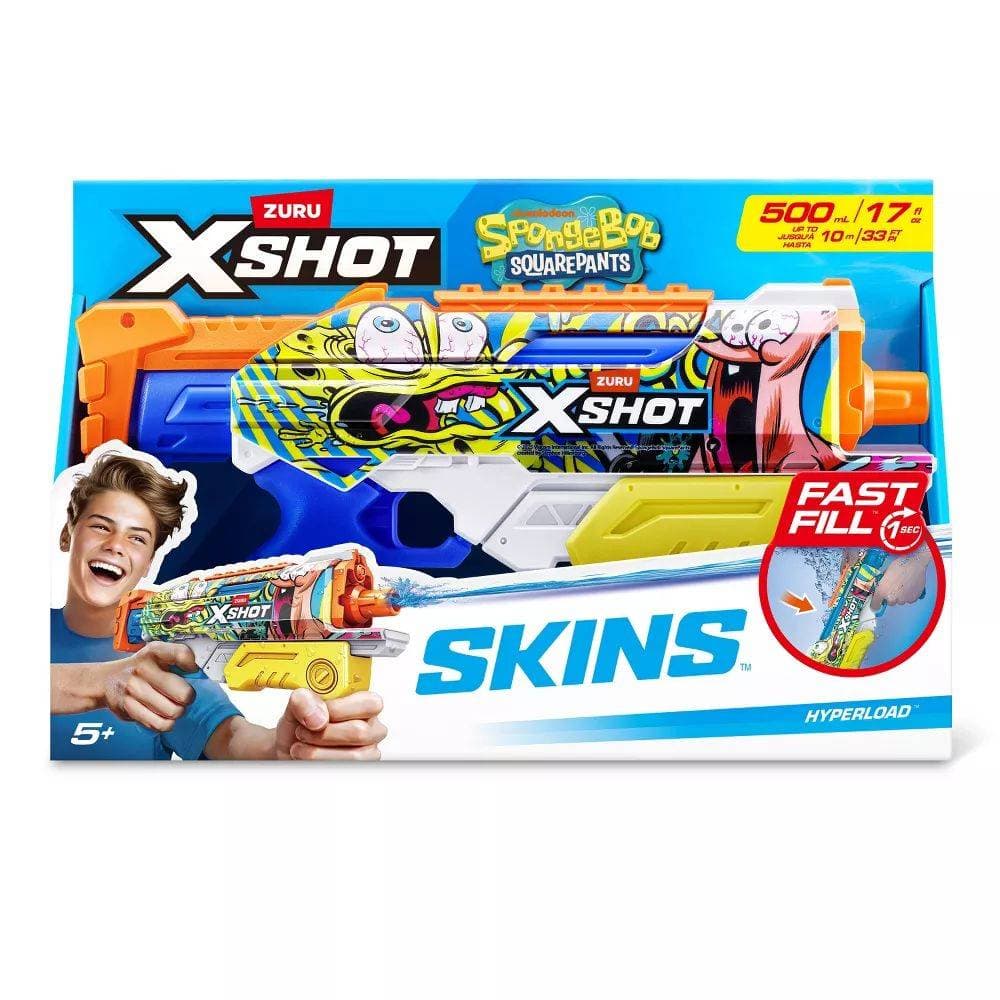 X-Shot Skins SpongeBob SquarePants Hyperload Fast-Fill Water Blaster (500 ml, Yellow/Blue/Orange)
