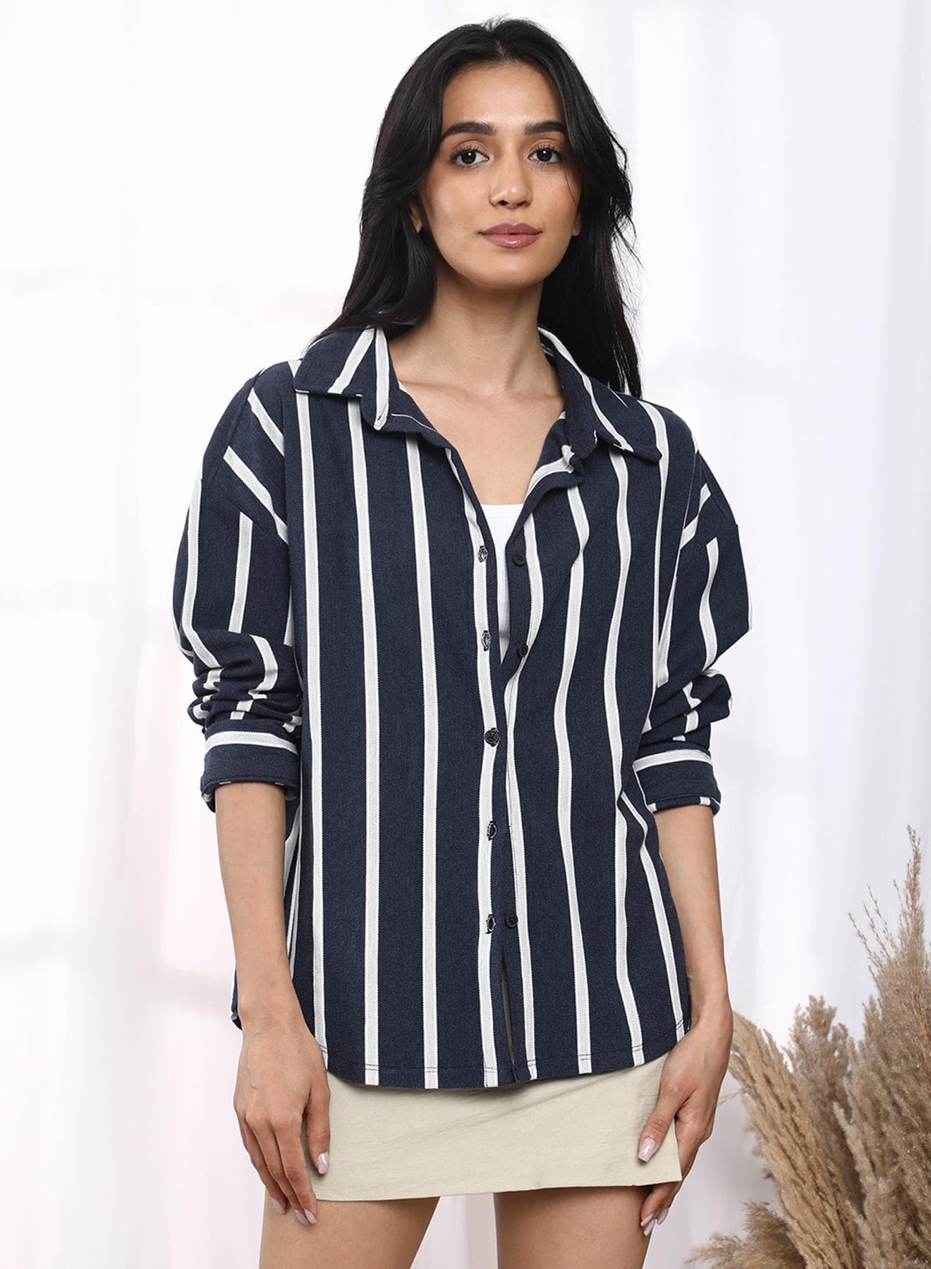 Women's Prussian Blue Striped Boxy Shirt
