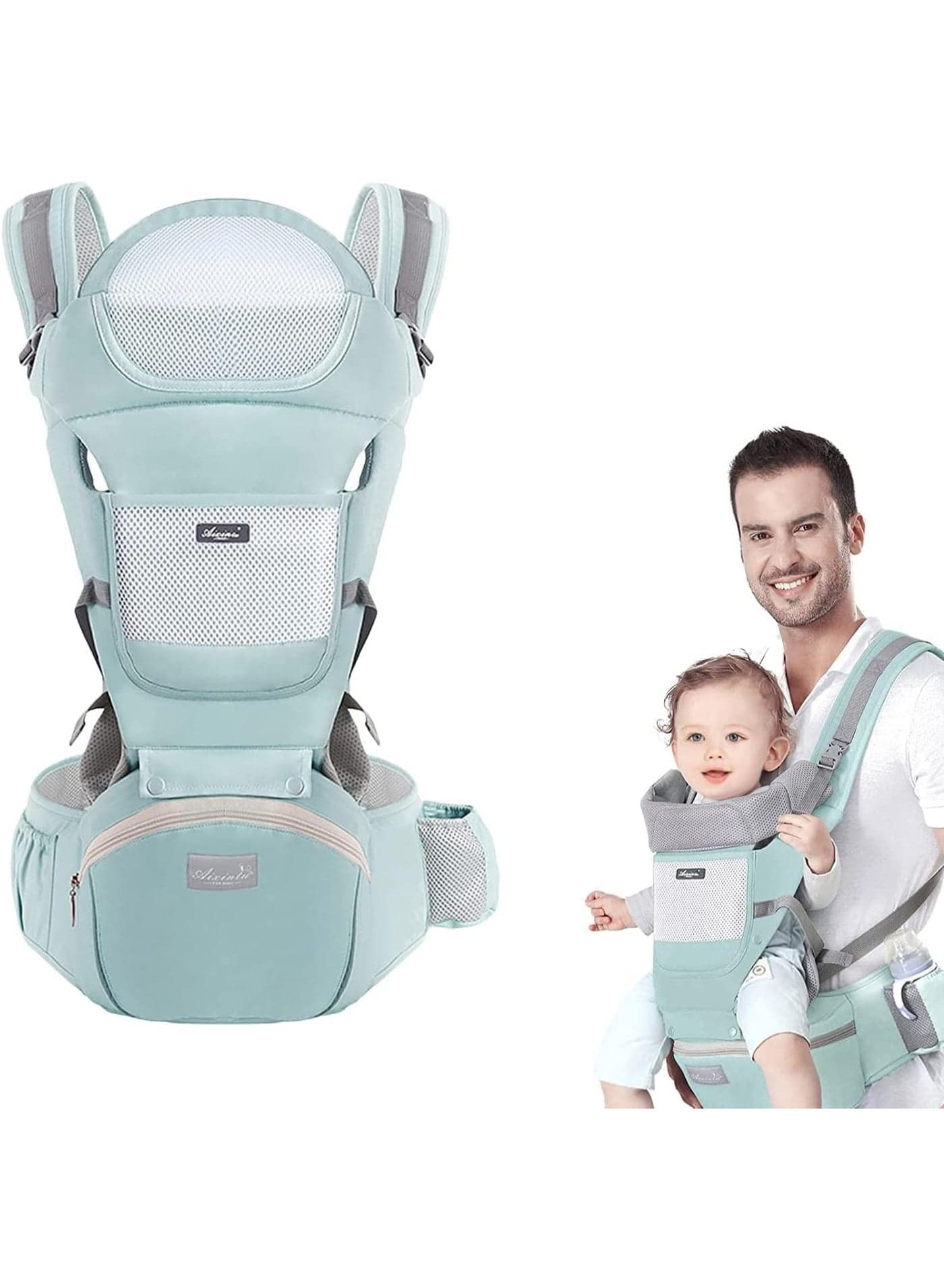 MostNow Baby Carrier with Hip Seat,Ergonomic M Position 6in1 Baby Carrier Newborn to Toddler,Head Support and Breathable Mesh Newborn Carrier,Adjustable Baby Holder Carrier for Dad&Mom (Green)