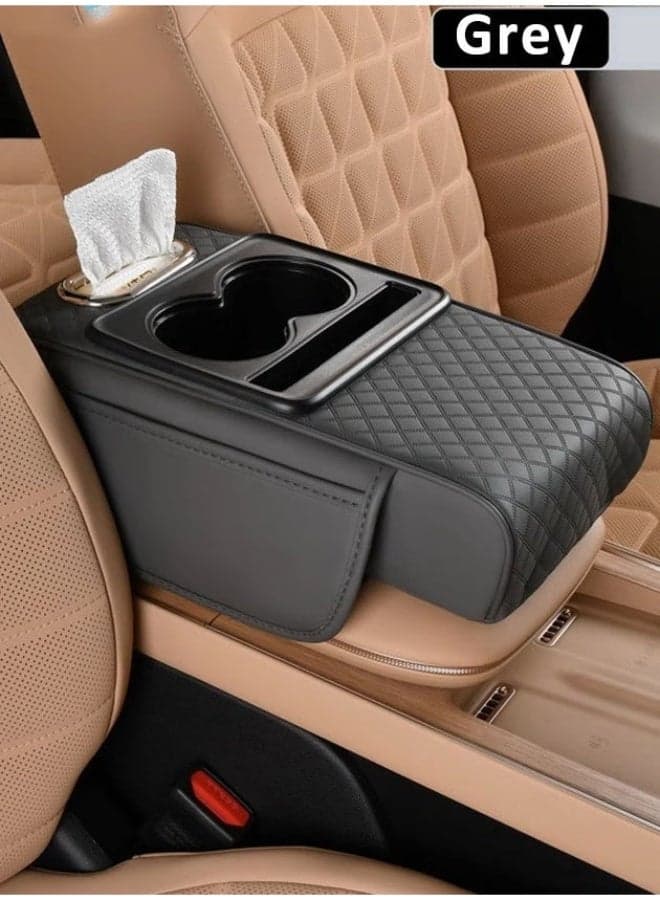 Arm Rest Cover for Car Car Armrest Center Console Cover with Cup Holder 2 Storage Center Console Armrest Vinyl Leather Trim Car Armrest Cushion Anti-Scratch, Suitable for Most Vehicle, SUV, Grey