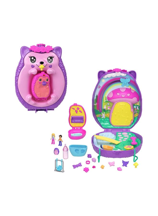 2-in-1 Travel Toy with 2 Micro Dolls and 16 Accessories, Hedgehog Purse Playset with Pet Theme