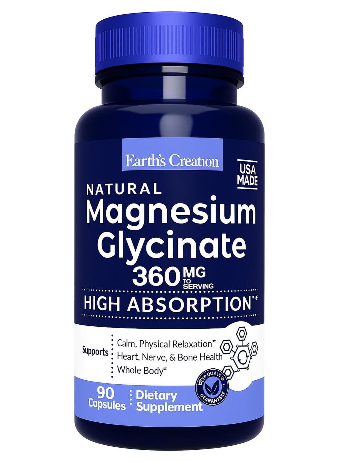 Magnesium Glycinate Natural 360mg High Absorption Support Calm, Physical Relaxation and Heart Nerve Bone Health Whole Body USA Made