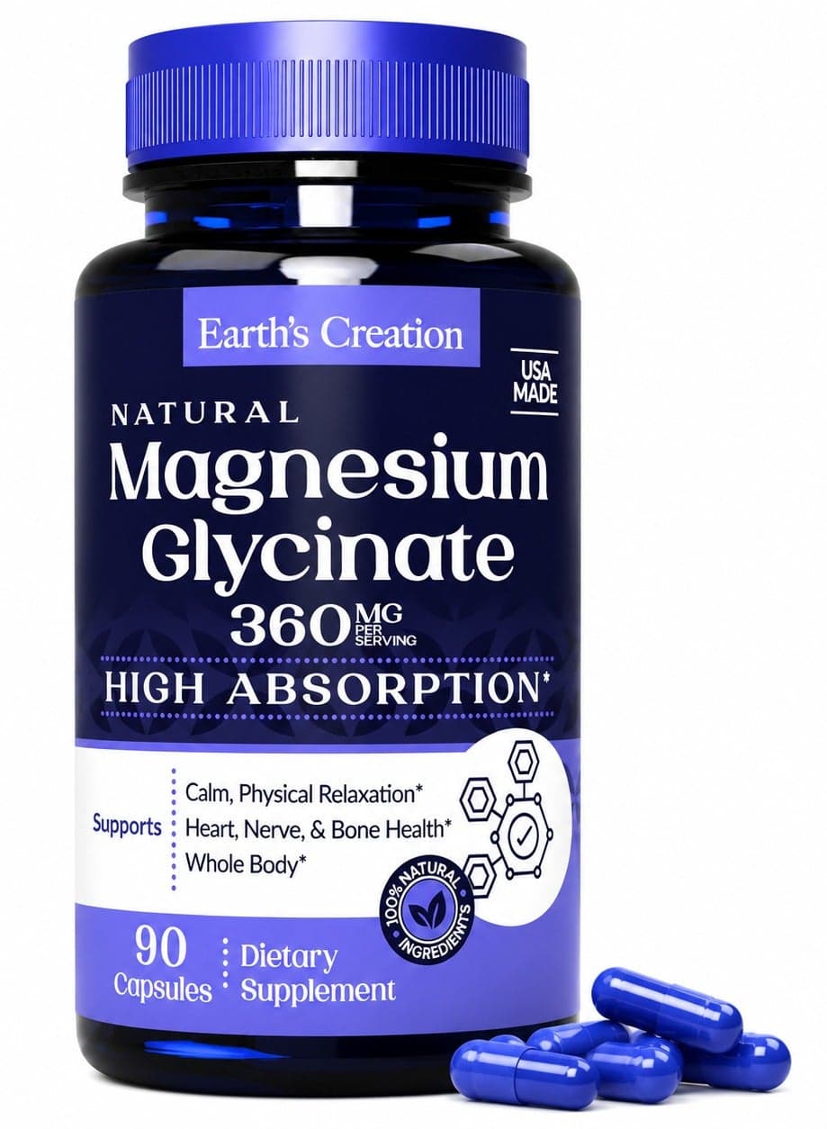 Magnesium Glycinate 360mg Calm, Physical Relaxation and Heart Nerve Bone Health Whole Body USA Made