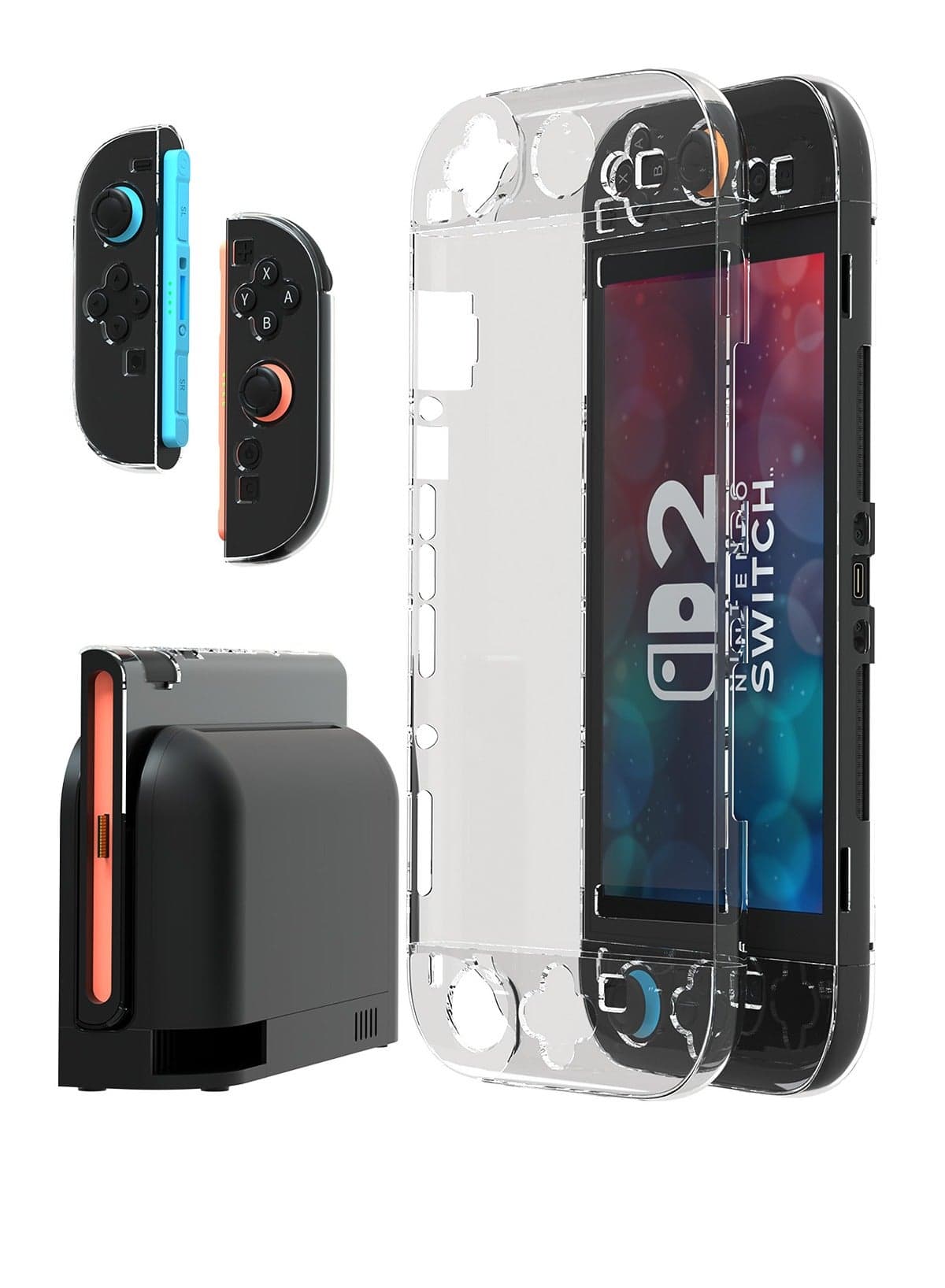 A transparent, hard-shell PC case for the 2025 Nintendo Switch II. Its split construction provides drop and shock resistance. A Nintendo Switch 2 accessory.