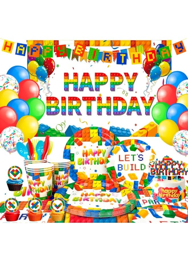 Building Blocks Birthday Party Decorations for 10 Guests, Building Block Party Disposable Tableware Set Building Blocks Party Plates Napkins Backdrop Balloons