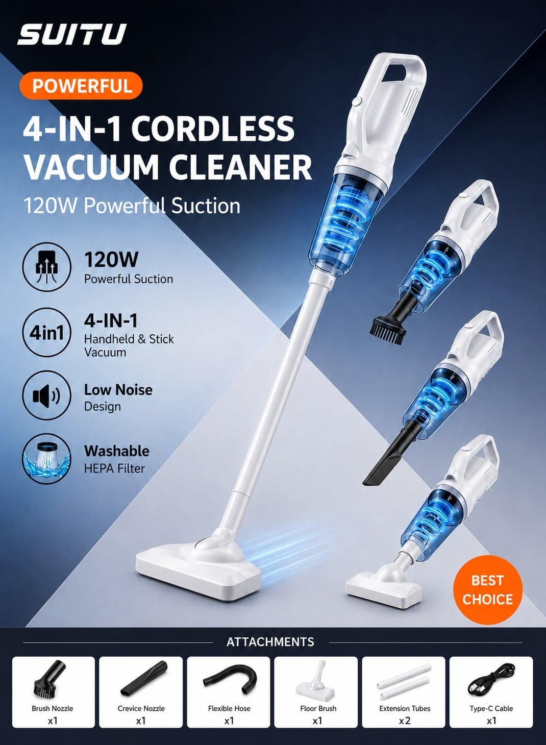 Cordless Handheld Vacuum Cleaner 120W 12000Pa Powerful Suction, 4-in-1 Lightweight Wet & Dry Vacuum with Detachable Battery, LED Light & Multi-Nozzle for Car, Home & Office