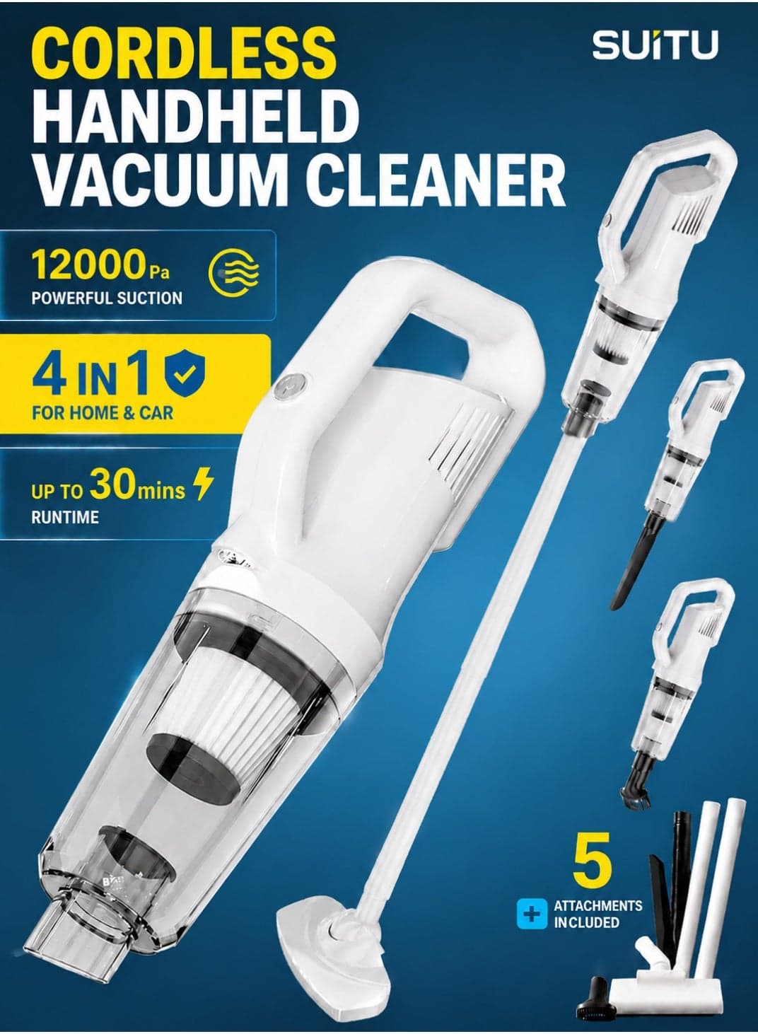 Cordless Handheld Vacuum Cleaner 120W 12000Pa Powerful Suction, 4-in-1 Lightweight Wet & Dry Vacuum with Detachable Battery, LED Light & Multi-Nozzle for Car, Home & Office