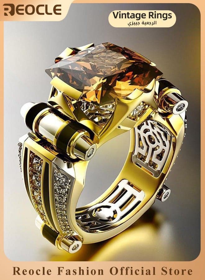 Men's Gemstone Ring Domineering Diamond Ring Gold Plated Stainless Steel Signet Ring with Square Cut Agate Luxury Thumb Ring for Father Dad and Gentlemen as Gifts