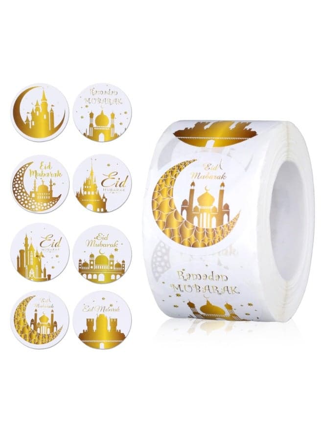500 Pcs 1.5 Inches Eid Mubarak Ramadan Kareem Stickers Roll, Round Happy EID Gift Tag Wrapping Paper Self-Adhesive Stickers Labels Eid Party Decor Ramadan Party Supplies