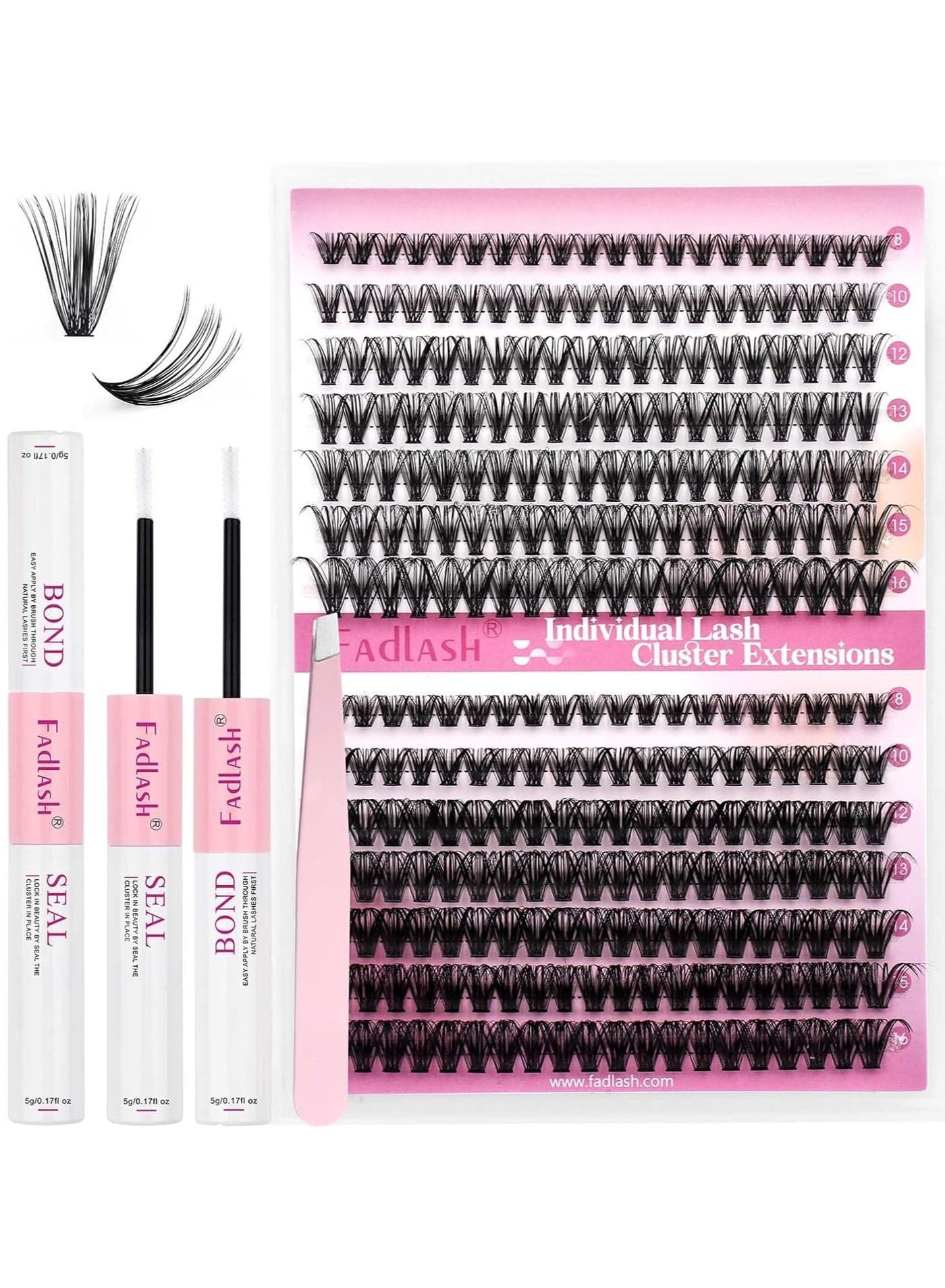 FADLASH DIY Eyelash Extension Kit, 240Pcs Lash Clusters with Bond and Seal, Applicator Tool, D Curl Thin Band Kit Easy to Apply (30D+40D Kit), Black, Pack Of 1, 10 g