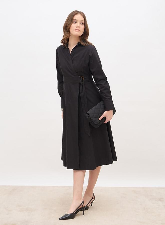 Solid Collared Wrap Midi Dress