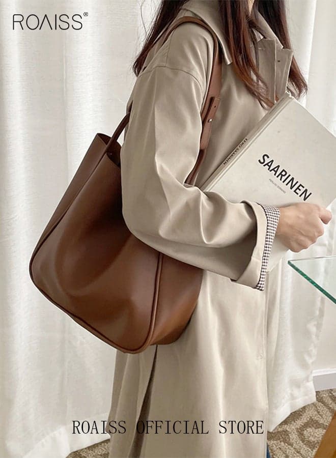 Women's Large-Capacity Bag All-Match Commuter Shoulder Bag Student Tote Bag Shopper Handbag Retro Texture Brown